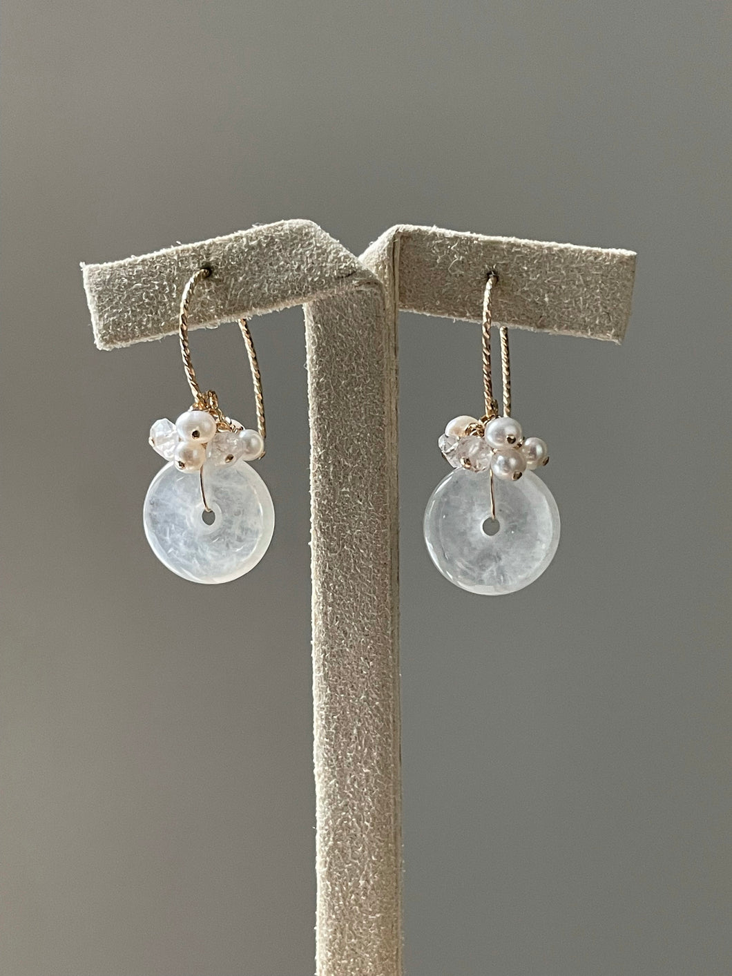 Petite Icy Jade Donuts, Rainbow Moonstone & Pearls 14kGF Earrings