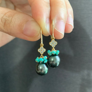 Tahitian Pearls & Turquoise, Zirconia Clover 14kGF