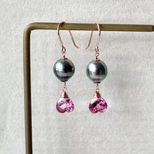 Load image into Gallery viewer, AAA Tahitian Pearls &amp; Pink Topaz Hearts 14kRGF Earrings