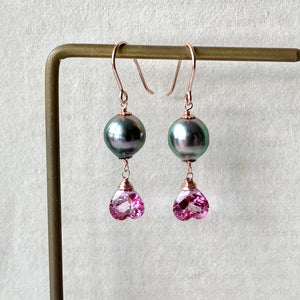 AAA Tahitian Pearls & Pink Topaz Hearts 14kRGF Earrings