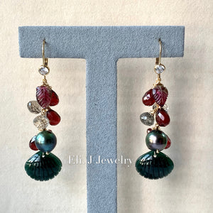 Eli. J Exclusive: Emerald Type A Jade Shells, Tahitian Pearls, Garnet, Rutile 14kGF Earrings