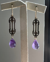 Load image into Gallery viewer, Amethyst, Vintage Brass Frame, 14kGF Earrings