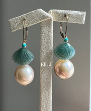 Load image into Gallery viewer, Pocahontas: Jadeite Shells, Large Peach Edison Pearls, Turquoise 14kGF Earrings
