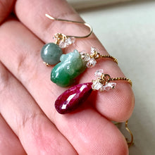 Load image into Gallery viewer, Green Jade Piggie, Ruby &amp; Herkimer Diamonds 14kGF Threader Trio