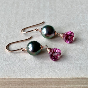 AAA Tahitian Pearls & Pink Topaz Hearts 14kRGF Earrings
