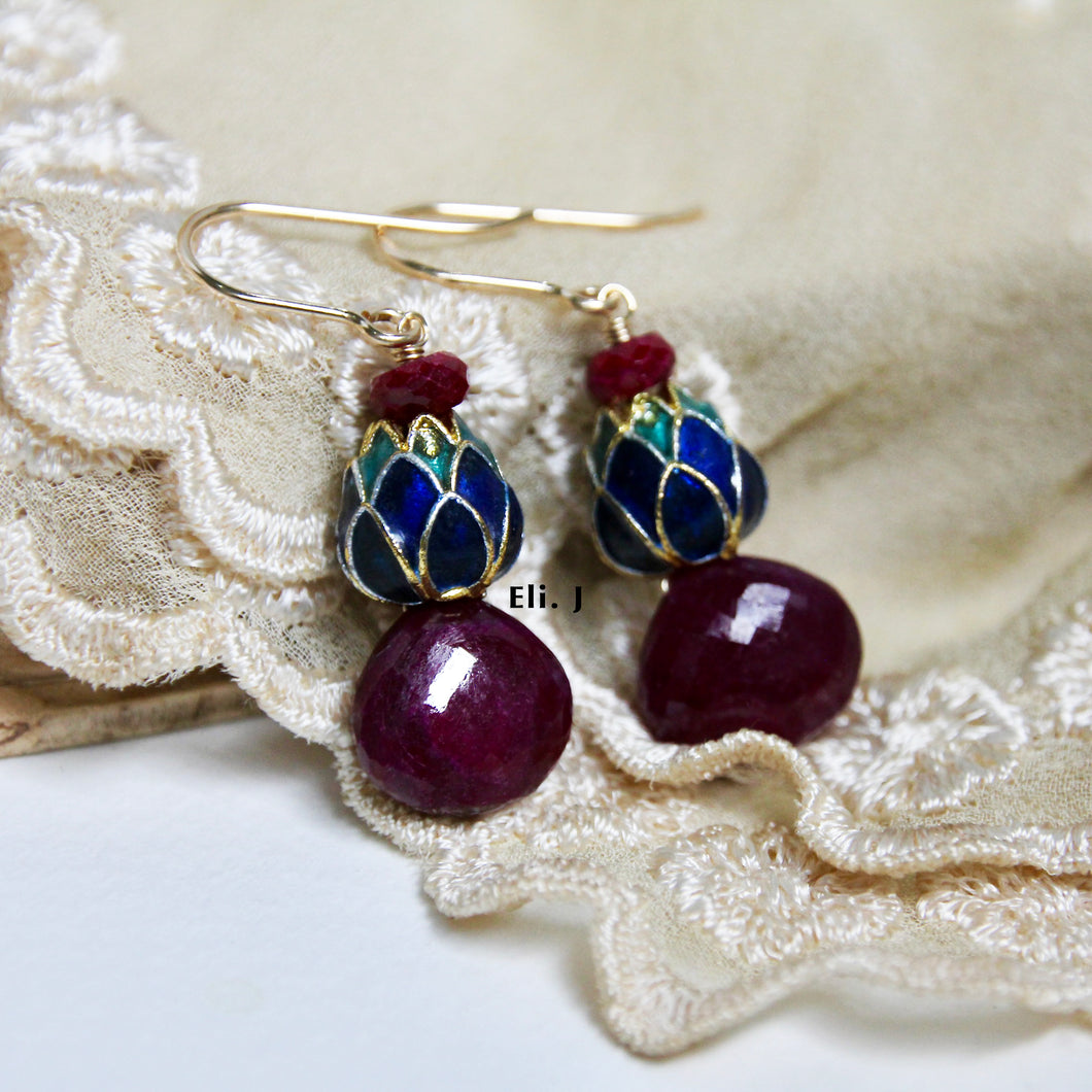 Ruby & Lotus Cloisonne Beads 14kGF Earrings