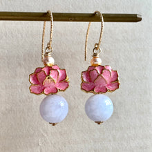 Load image into Gallery viewer, Pink Lotus Cloisonne, Lavender Jade 14kGF Earrings