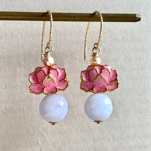 Pink Lotus Cloisonne, Lavender Jade 14kGF Earrings