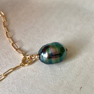 Rainbow- Peacock Oval Tahitian Pearl 14kGF Link Bracelet