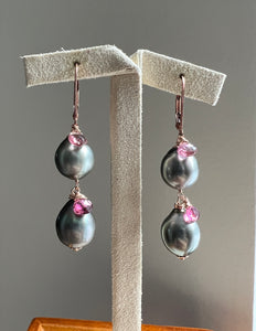 Double Silver Tahitian Pearls, Pink Tourmaline 14kRGF Earrings