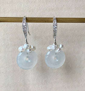 Icy Jadeite Donuts & White Pearls 925 Silver Earrings