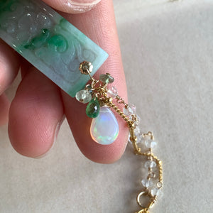 Carved Jade Bar, Rainbow Moonstone, Opal 14kGF Bracelet
