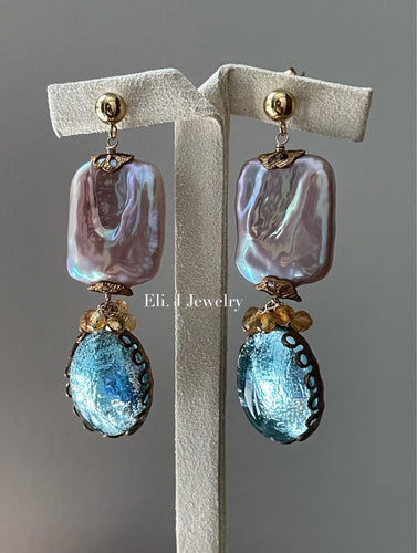 Diane: Vtg Aqua Oval Glass Gems, Pink Keshi Pearls, Citrine Earrings