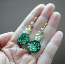 Load image into Gallery viewer, Exclusive: Peony Dark Green Type A Jadeite, Yellow Diamonds, Emerald, 14kGF Earrings