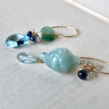 Load image into Gallery viewer, Type A Jade Teapot &amp; Blue Gemstones 14kGF Earrings