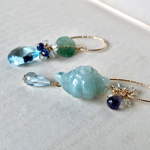 Type A Jade Teapot & Blue Gemstones 14kGF Earrings