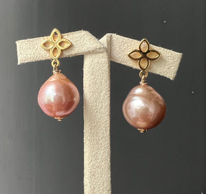 Peach-Bronze Edison Pearls Fleur de Lis Earrings