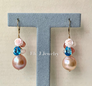 AAA Large Peach- Pink Edison Pearls, Swiss Blue Topaz, Rhodocrosite & Rose Quartz 14kGF Earrings