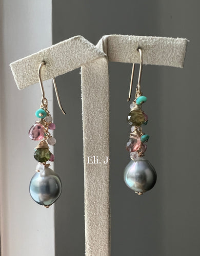 Silver-Blue Tahitian Pearls, Turquoise, Tourmaline 14kGF Earrings