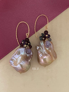 Purple-Peach Baroque Pearls, Garnet, Pink Amethyst 14kGF Earrings