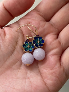 Lavender Jade & Blue Cloisonne Flowers 14kGF Earrings