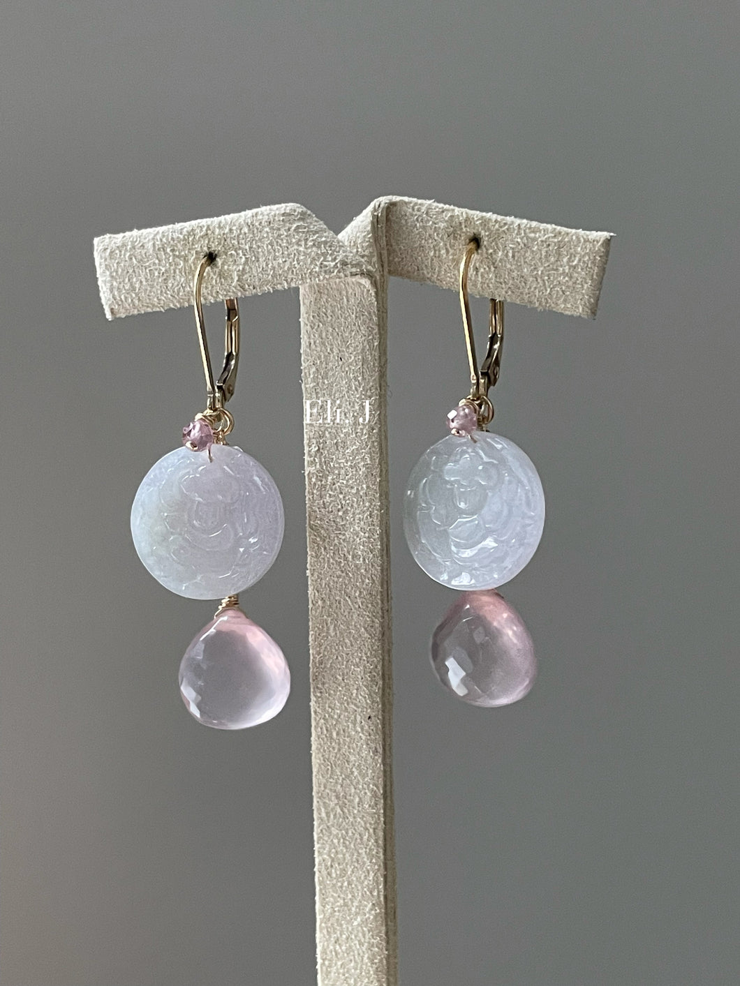 Lavender-Green Peony Jade & Rose Quartz Interchangeable 14kGF Earrings