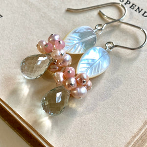 Mother of Pearl, Pink Gems & Green Amethyst Sterling Silver Earrings