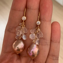 Load image into Gallery viewer, Peach-Pink Edison Pearls Rose Quartz Rainbow Moonstone 14k GF Earrings