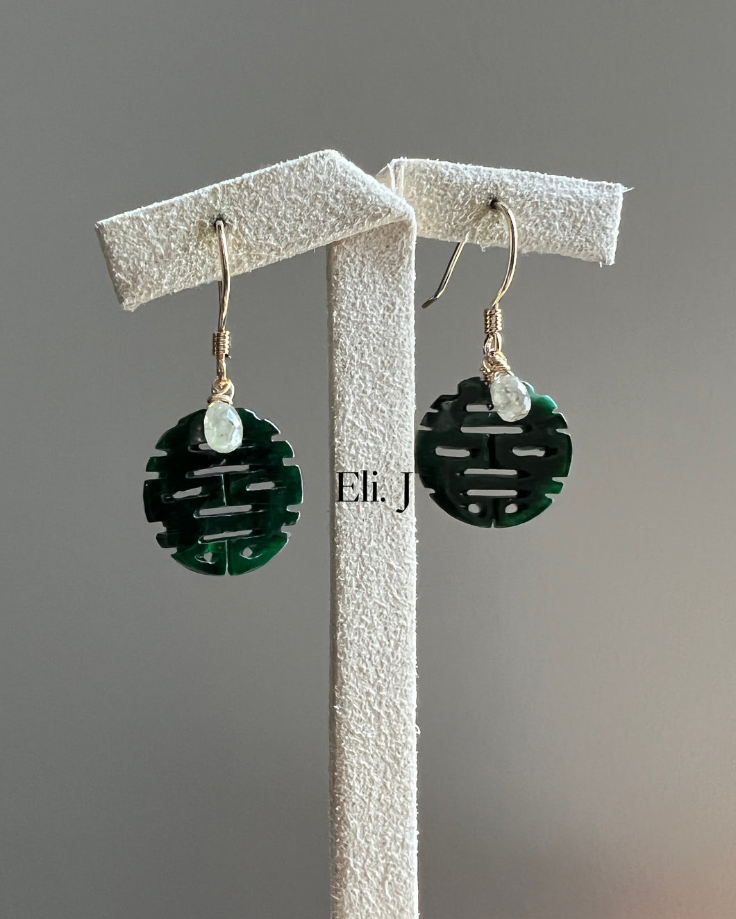 Exclusive to Eli. J: 18k SOLID GOLD 喜喜Xuangxi Jade, Silver Diamonds, Earrings