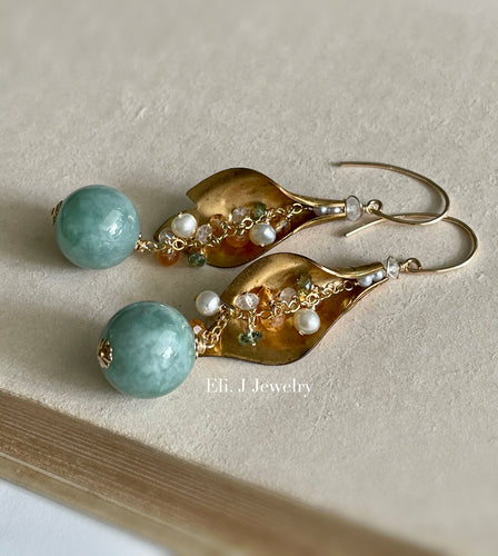 Vintage Lilies, Apple-Green Jade Balls, Gemstone Earrings