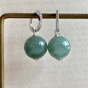Large & Luscious Type A Green Jade Balls on CZ Hoops