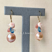 Load image into Gallery viewer, AAA Large Peach- Pink Edison Pearls, Swiss Blue Topaz, Rhodocrosite &amp; Rose Quartz 14kGF Earrings