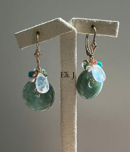 Dark Green Jade Donuts, Rainbow Moonstone 14kGF Earrings