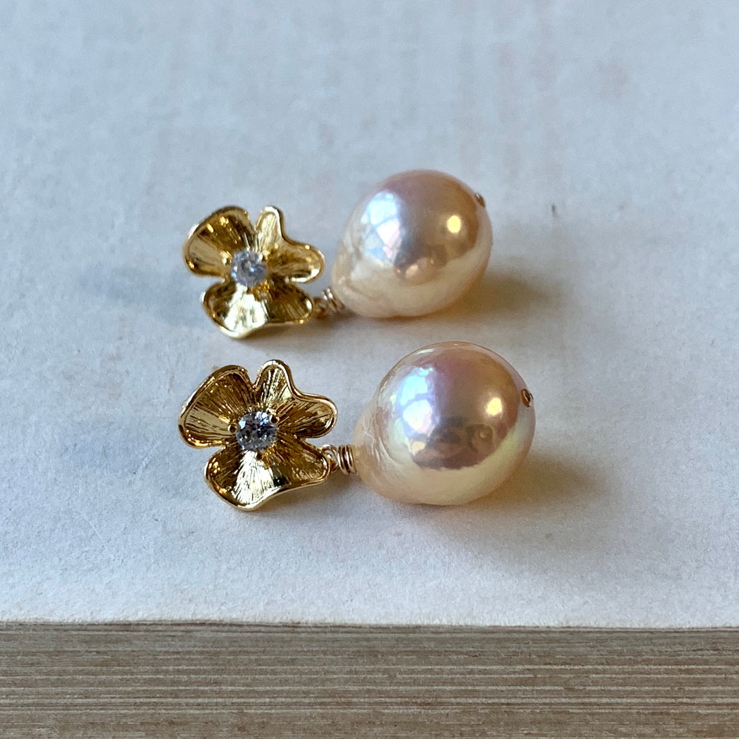 Golden-Peach AAA Edison Pearls Flower Studs