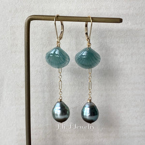 Eli. J Exclusive: Bluish-Green Type A Jade Shells, AA Tahitian Pearls Interchangeable 14kGF Earrings