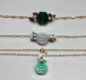 Exclusive: 喜喜 Double Happiness Type A Dark Green, Lavender, Mint Green Jade 14kGF Bracelet/Necklace