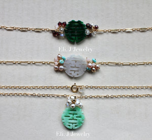 Exclusive: 喜喜 Double Happiness Type A Dark Green, Lavender, Mint Green Jade 14kGF Bracelet/Necklace