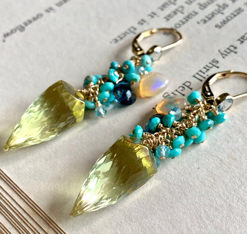 Sunshine- Lemon Quartz, Turquoise 14k Gold Filled Earrings