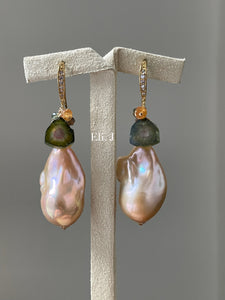 Peach Baroque Pearls Watermelon Tourmaline Mandarin Garnet 14kGF Earrings