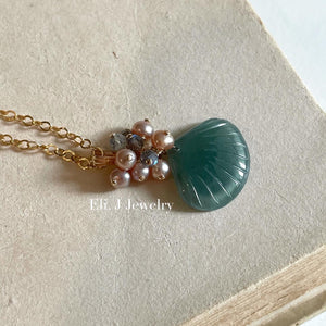 Exclusive to Eli. J: Bluish-Green Jade Shells, Pearls, Labradorite Necklace