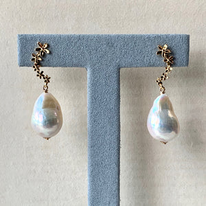 White Freshwater Baroque, Cascading Floral Studs 14kGF