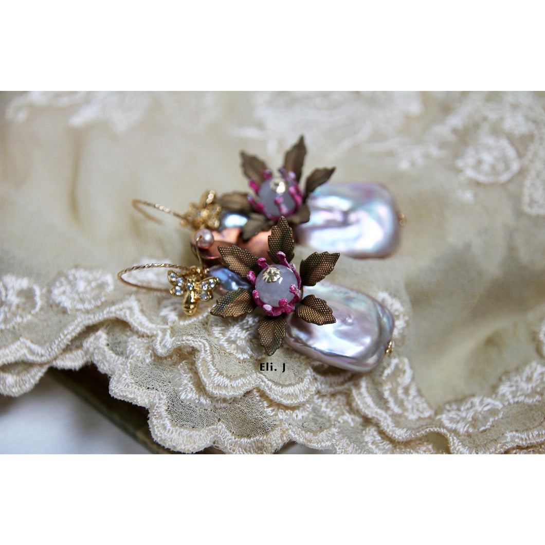 Icy Jade, Pink Keshi, Vintage Flowers & Hearts 14kGF Earrings