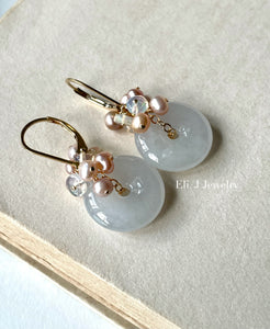 White Type A Jade Donuts, Opal, Pink Pearls 14kGF Earrings