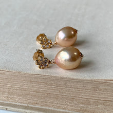 Load image into Gallery viewer, Orange-Peach Edison Pearls on Flower Studs 14kGF