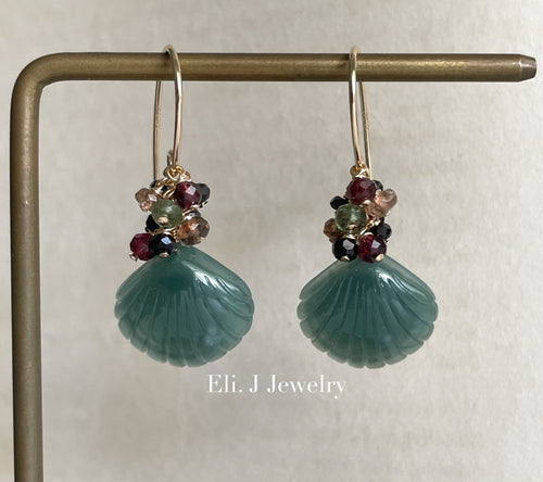 Eli. J Exclusive: Bluish-Green Jade Shells, Garnet, Spinel Earrings