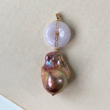 Load image into Gallery viewer, Type A Lavender Jade &amp; AAA Purple-Peach Baroque Pearl Pendant 14kGF