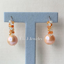 Load image into Gallery viewer, Orangey Peach Large Edison Pearls &amp; Gem Vine Hand Forged Hooks 14kRGF