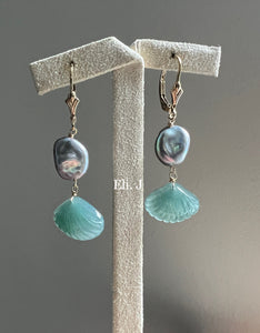 Merida: Jade Shells, Silver Keshi Pearls 14kGF Earrings