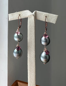 Double Silver Tahitian Pearls, Pink Tourmaline 14kRGF Earrings