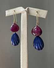 Load image into Gallery viewer, Carved Lapis Lazuli, Ruby 14kGF Earrings
